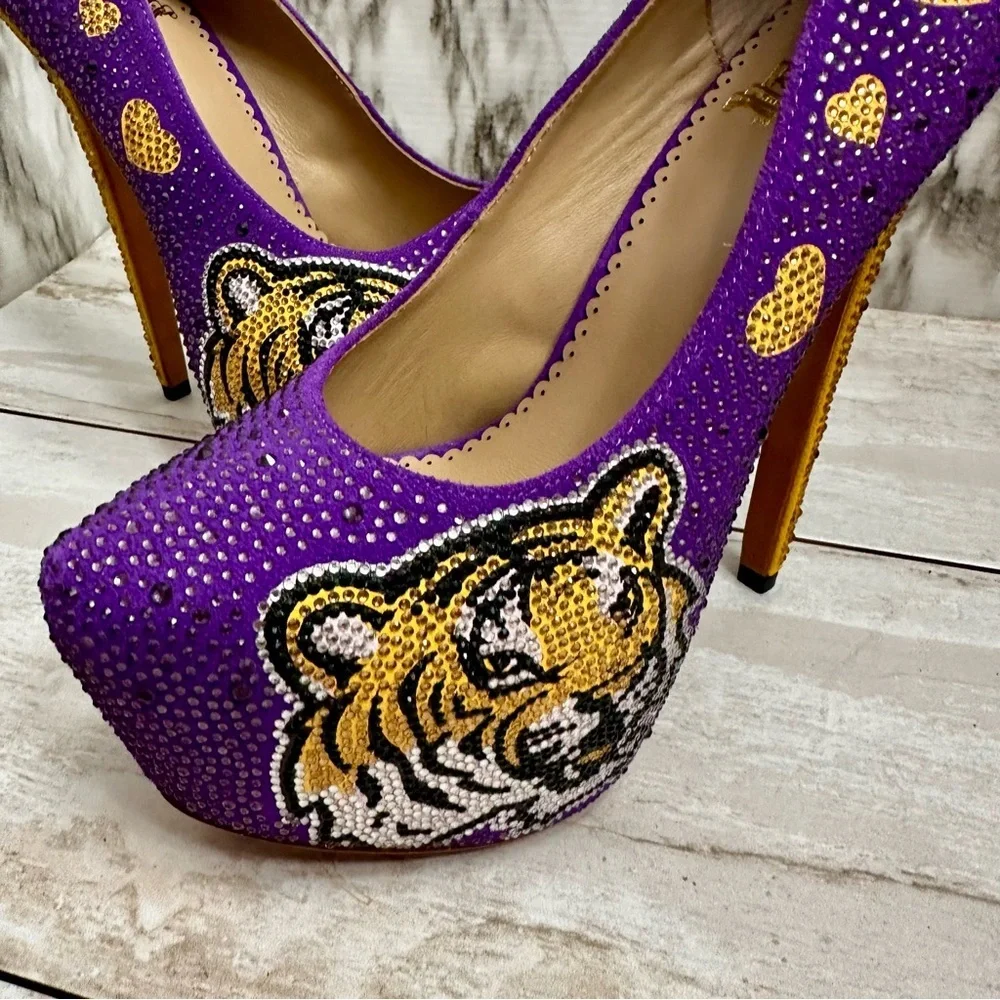 Herstar Women Sz 9 LSU Tigers Crystal Heels Pumps Shoes Purple Gold Glitter Glam